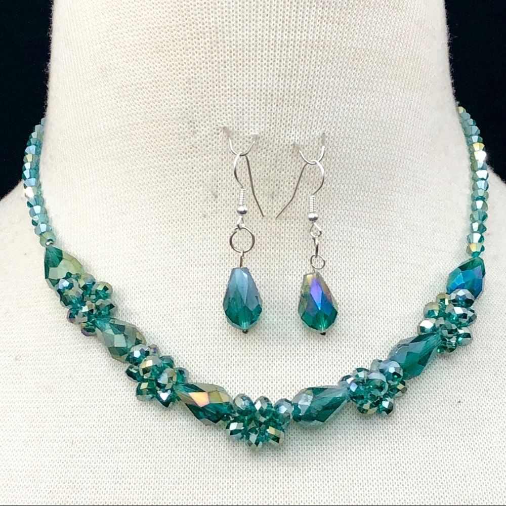 Teal Green AB Glass Cluster Necklace Earrings Set